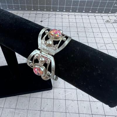 Vintage Alpaca Mexican Bracelet Foil Faux Stone