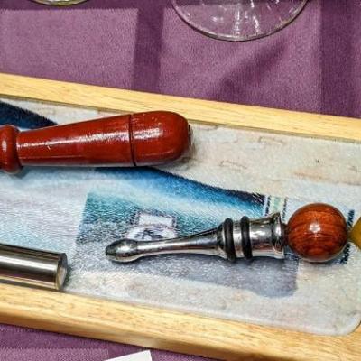Entertainment Lot: Fondue Set, hand painted wine glasses(4), French cheese plate box set, glass cheeseboard with knife and spreader and 2...