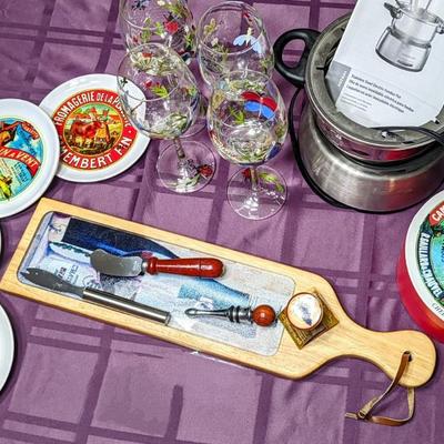 Entertainment Lot: Fondue Set, hand painted wine glasses(4), French cheese plate box set, glass cheeseboard with knife and spreader and 2...