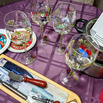 Entertainment Lot: Fondue Set, hand painted wine glasses(4), French cheese plate box set, glass cheeseboard with knife and spreader and 2...
