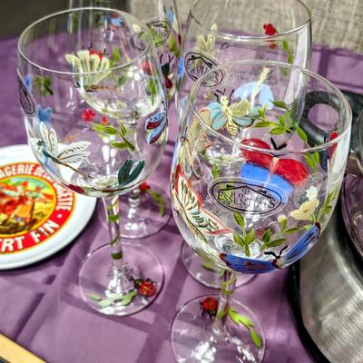 Entertainment Lot: Fondue Set, hand painted wine glasses(4), French cheese plate box set, glass cheeseboard with knife and spreader and 2...