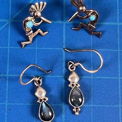 Kokopelli and Tear Drop Silver 925 Earrings, Dangle, Blue