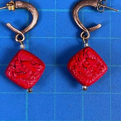 Carved CINNABAR Earrings Dragon : Itâ€™s the YEAR OF THE Dragon Too!
