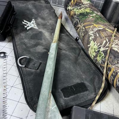 Mixed Lot of Outdoor Gear; Pouches, Tent Pegs, Elk Call, Yeti Cup, Solar Charger