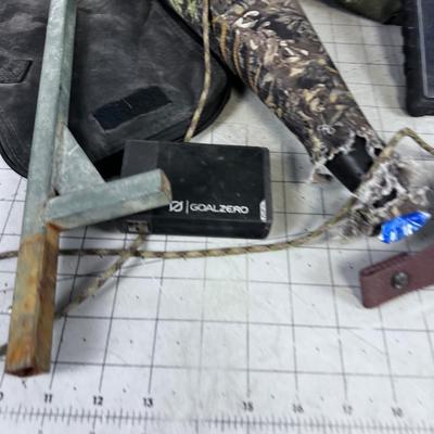 Mixed Lot of Outdoor Gear; Pouches, Tent Pegs, Elk Call, Yeti Cup, Solar Charger