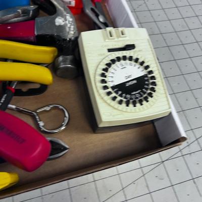Tray of Hand Tools: Level, Tin Snips, Screw Drivers