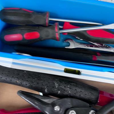 Tray of Hand Tools: Level, Tin Snips, Screw Drivers