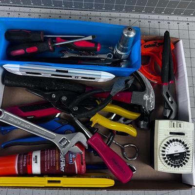 Tray of Hand Tools: Level, Tin Snips, Screw Drivers