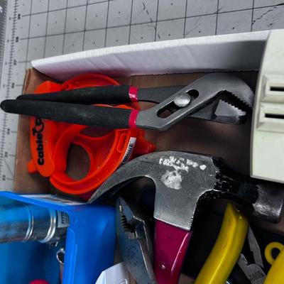 Tray of Hand Tools: Level, Tin Snips, Screw Drivers