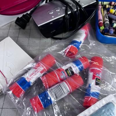 Tote of Crayons and more Crayons Plus Art & Crafting. 