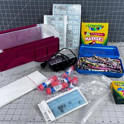 Tote of Crayons and more Crayons Plus Art & Crafting. 