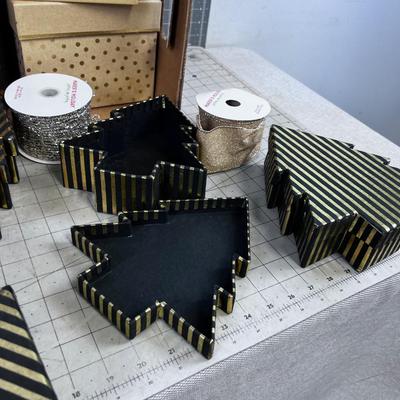 Lots of Nest Boxes Holiday and Several Rolls of Ribbon. Gold Colors 