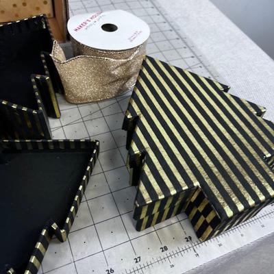 Lots of Nest Boxes Holiday and Several Rolls of Ribbon. Gold Colors 