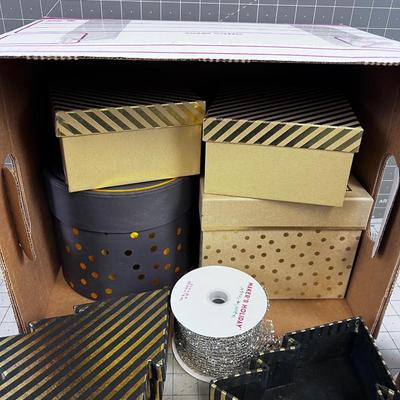 Lots of Nest Boxes Holiday and Several Rolls of Ribbon. Gold Colors 