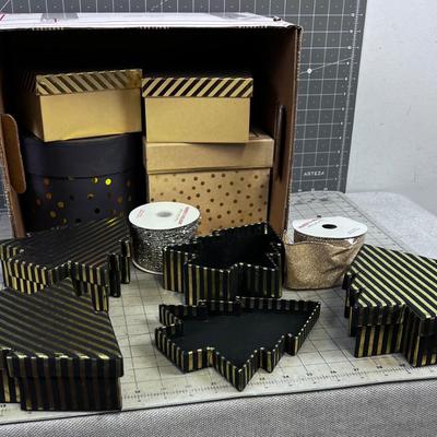 Lots of Nest Boxes Holiday and Several Rolls of Ribbon. Gold Colors 