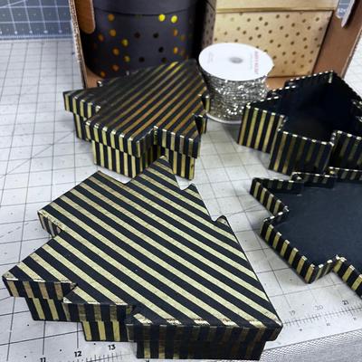 Lots of Nest Boxes Holiday and Several Rolls of Ribbon. Gold Colors 