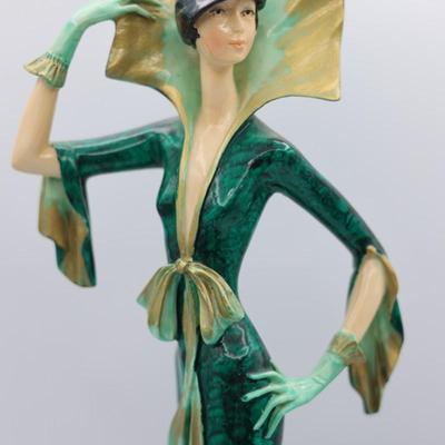 SIGNED A. Santini Figurine Art Deco Lady in Green