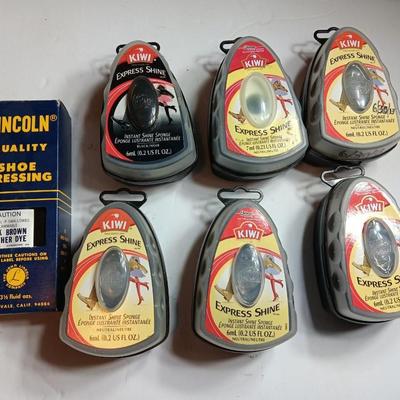 Shoe polish sponges with containers and shoe dressing