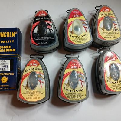 Shoe polish sponges with containers and shoe dressing