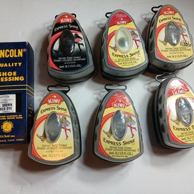 Shoe polish sponges with containers and shoe dressing