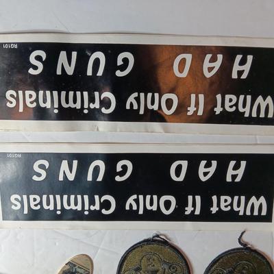 Variety of items - Million-dollar bill - Military patches - Bumper stickers -