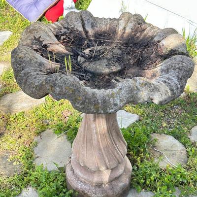 Outdoor concrete, birdbath, birdhouse.