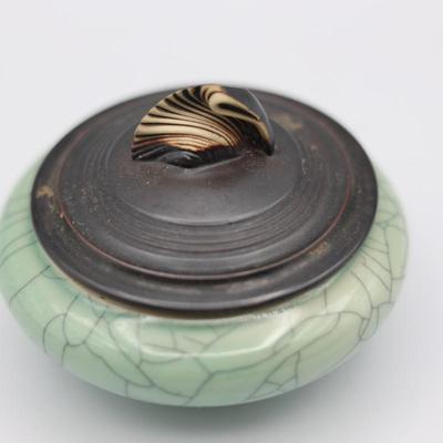 Signed Andrew MacCorkindale Art Pottery Crackle Porcelain Jar W/ Lid