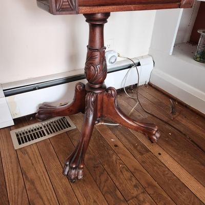 Antique Empire Carved Flame Drop Leaf Side Table Sewing Table