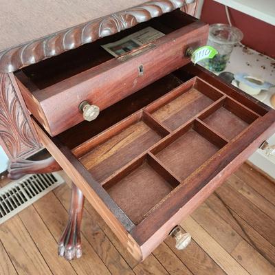 Antique Empire Carved Flame Drop Leaf Side Table Sewing Table