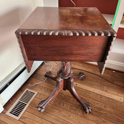 Antique Empire Carved Flame Drop Leaf Side Table Sewing Table