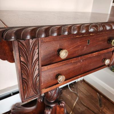 Antique Empire Carved Flame Drop Leaf Side Table Sewing Table