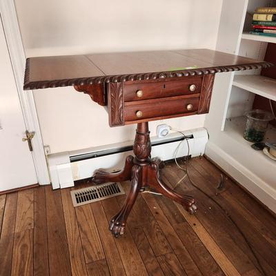 Antique Empire Carved Flame Drop Leaf Side Table Sewing Table