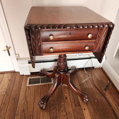 Antique Empire Carved Flame Drop Leaf Side Table Sewing Table