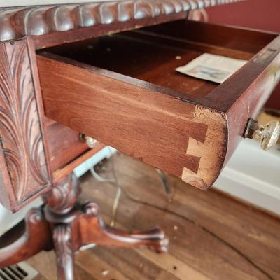 Antique Empire Carved Flame Drop Leaf Side Table Sewing Table