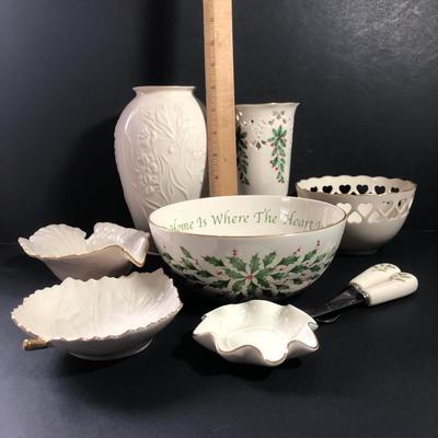 LOT 1A: Lenox Collection - Masterpiece Vase, Pierced Gifts Holly Vase, Pierced Heart Rose Bowl, Leaf Shaped Dish, Dove Dish, Holiday...