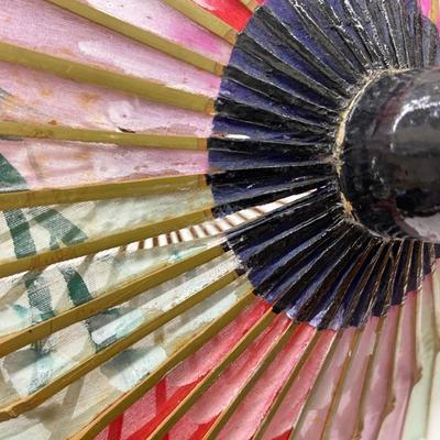 Vintage Asian Floral Parasol with Bamboo Pole (Fabric and Handpainted)