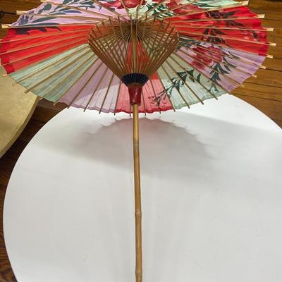 Vintage Asian Floral Parasol with Bamboo Pole (Fabric and Handpainted)