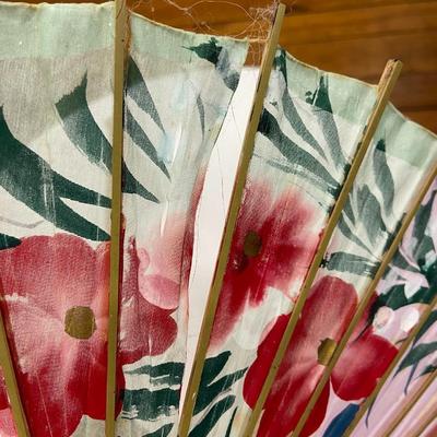 Vintage Asian Floral Parasol with Bamboo Pole (Fabric and Handpainted)