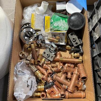 Box of Misc. plumbing fixtures - fawcett parts all in bags - some copper