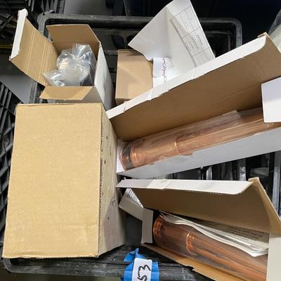 Crate of Copper Push up Drain Stops & some other misc. pieces in boxes - Looks all New