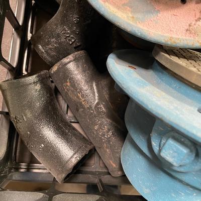 Crate of Metal pipe pieces & drain covers