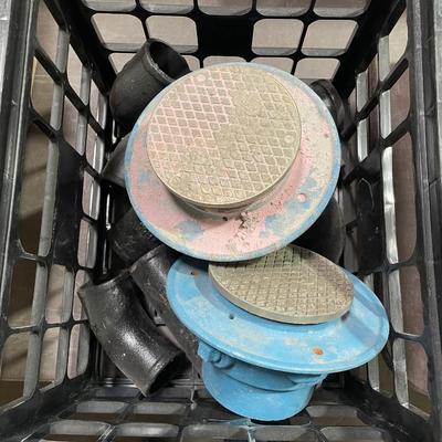 Crate of Metal pipe pieces & drain covers