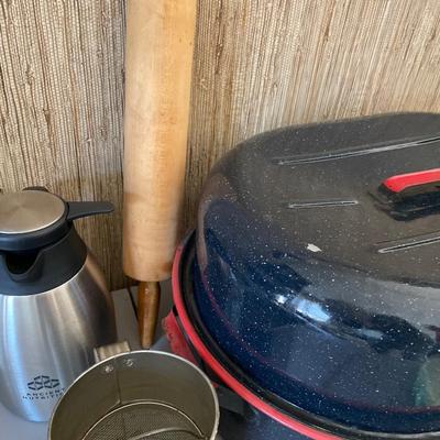 Black roaster, Tupperware, sifter and coffee pot and rolling pin