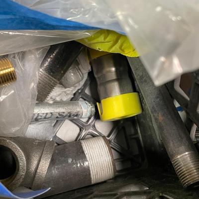 Crate of Plumbing Components - Brass plugs & connectors, valves