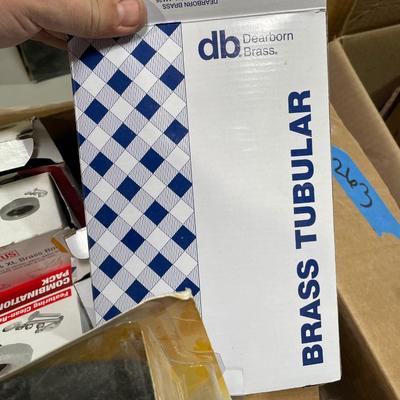 Box of Plumbing Supplies - Toilet Rings, sink components