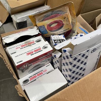 Box of Plumbing Supplies - Toilet Rings, sink components