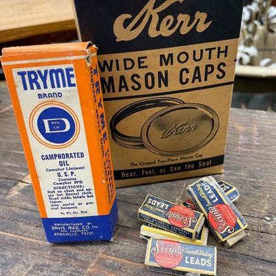 Lot of Vintage Pencil Leads, Mason Jar Lids, and Camphor Oil