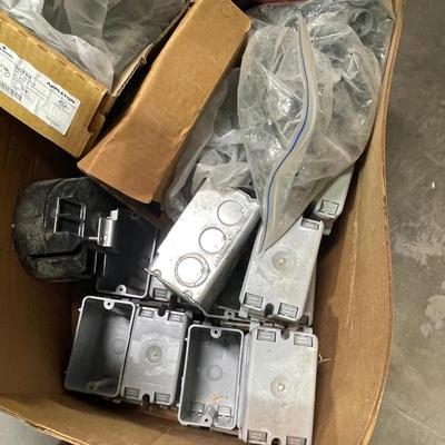 Box of Single Gang outlet/electrical boxes & other misc. electrical components