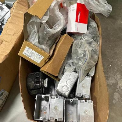 Box of Single Gang outlet/electrical boxes & other misc. electrical components