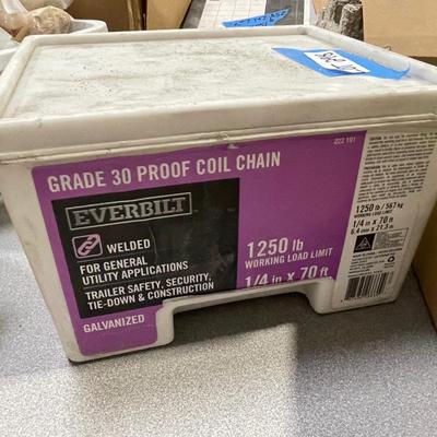 Chain by Everbilt Grade 30 Proof galvanized Coil Chain 1/4" x 70' Ft box says and looks unopened